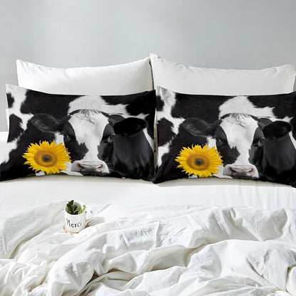 Milk Cows Bedding Set Twin,Sunflower Farmhouse Cattle Animal Duvet Cover with 1 Pillow Sham Comforter Cover for Kids Boys,Black White Fur Print Quilt Cover Set Decorative 2 Pcs