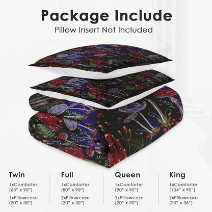 Full Size Comforter Set with 2 Pillowcases, Mushroom Gothic Fern 3 Pcs Soft Bedding for Kids and Adults, Vintage Leaf Retro Plant Comforter Set for Room Bedroom Bed Decor