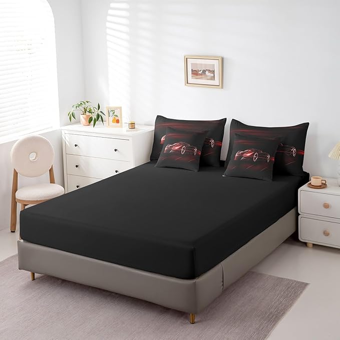 Feelyou Red Race Car 7 Piece Bedding Set Full Size for Kids Boys Extreme Sport Games Comforter Set with Sheets Teens Toddler Fast and Furious Bed in a Bag Cool Modern Bed Set