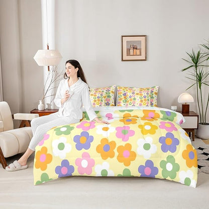 Feelyou Cute Flower 7 Piece Bedding Set Colorful Floral Comforter Set with Sheets for Kids Boys Girls Kawaii Theme Bed in a Bag Yellow Bed Set Soft Lightweight