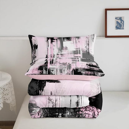 Feelyou Pink Grey Abstract Duvet Quilt Queen Size Geometric Bedding Set for Kids Boys Girls Decor Modern Comforter Set Breathable Soft Lightweight Microfiber Buffalo Check Bedroom Decor Bedclothes