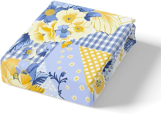Castle Fairy Retro Flowers Bedding Set Queen Size,Yellow Blue Floral Botanical Duvet Cover Set for Children Adult,Plaid Dots Paisley Geometric Soft Comforter Cover for Dorm Room, Zipper, Ties