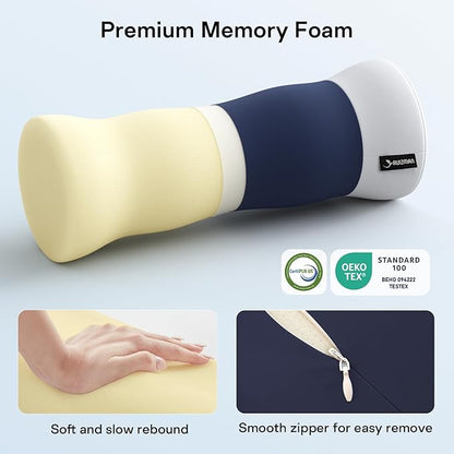 Cervical Roll Pillow - Ergonomic Design Round Neck Pillow Roll with Cooling Cover - Memory Foam Cylinder Bolster Pillows for Neck Support, Leg, Back, Yoga (Blue White)
