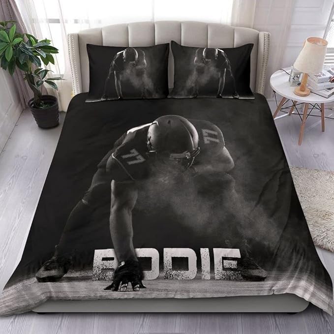 Personalized American Football Bedding Set, Kids 3 Piece Duvet Cover Set with Pillow Shams for Teens Boys, NO Comforter, Twin Size for Rugby Lovers (Football 18)