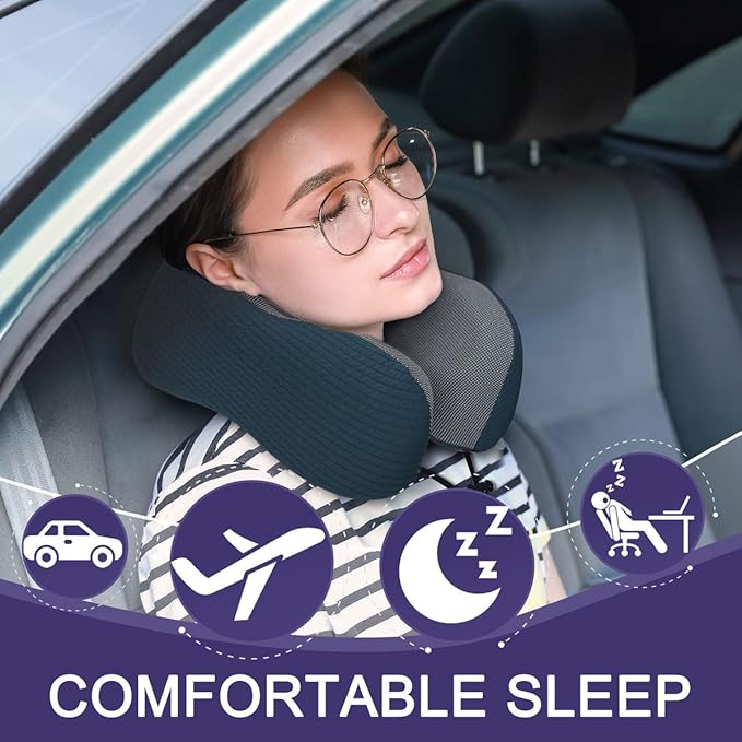 napfun Neck Pillow for Traveling, Upgraded Travel Neck Pillow for Airplane 100% Pure Memory Foam Travel Pillow for Flight Headrest Sleep, Portable Plane Accessories, Luxury Sets (Optional), Deep Blue