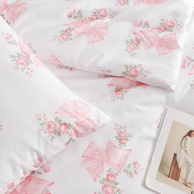 Pink Bow Duvet Cover Twin 2Pcs Pink Floral Bedding Set for Girls Kids,Cute Princess Style Bowknot Bedding,Ultra Soft Garden Flower Bedding with 1 Pillowcase(No Comforter)
