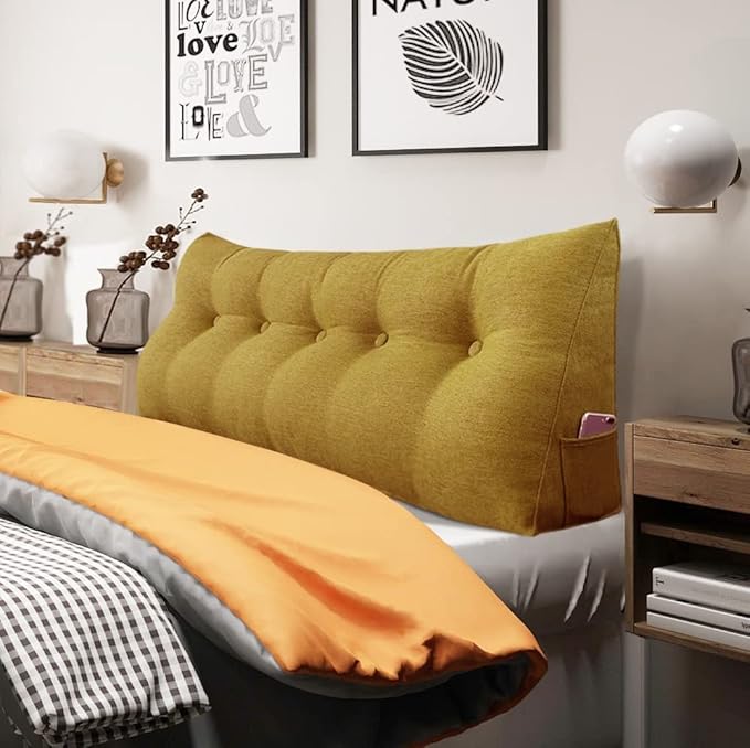 Queen Size Triangle Reading Pillow - Large Bolster Back Support for Sitting Up in Bed, XXL Couch Daybed Bed Rest Backrest Cushion - Linen Yellow