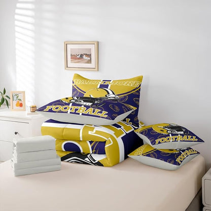 Feelyou Football Queen Comforter Set with Sheets for Kids Boys Girls Ball Games 7 Pieces Bedding Set Rugby Bed in a Bag City of Footballs Room Decor Rugby Sports Soft Lightweight