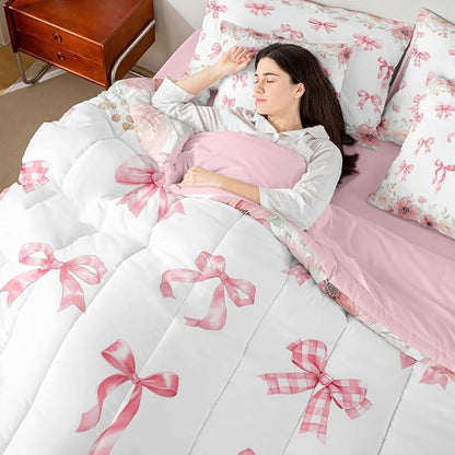 Erosebridal Kawaii Pink Bowknot Bed in A Bag | Flower Bow Decorations Bedding Set for Girls Preppy Coquette Bows Comforter Sets with Sheets, 7 Pieces Romance Bed Set Bedroom Decor (Twin)