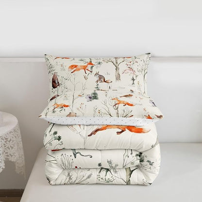 Kids Cute Animals Comforter Set King Size Cartoon Bear Fox and Rabbit Bedding Set 3Pcs for Girls Boys Adult Room Decor Foggy Tree Jungle Plants Quilt Set Hunt Adventure Duvet Insert,Beige