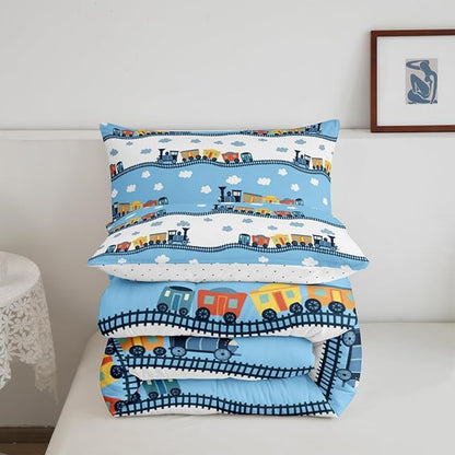 Erosebridal Kids Locomotive Train Comforter Set Full,Cute Steam Engine Truck Bedding Sets for Boys Girls Blue White Clouds Duvet Insert Railway Car Vehicles Down Comforter with 2 Pillowcases