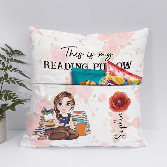 ENCYCOM Personalized Book Reading Pocket Pillow - Custom Reading Pillows with Name – Uniqua Gift for Bookworm Girls, Women Who Love Books, Perfect for Bed or Cozy Corner (Reading Pillow 07)