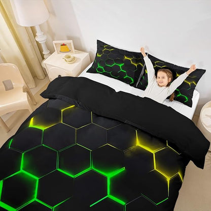 Honeycomb Bedding Duvet Cover Full Size Hexagon Bed Cover for Kids Teen Boys Girls Bedroom Decor Yellow Neon Lights Bed Cover Chic Creative Bedding Cover 3Pcs with 2 Pillowcase, Black