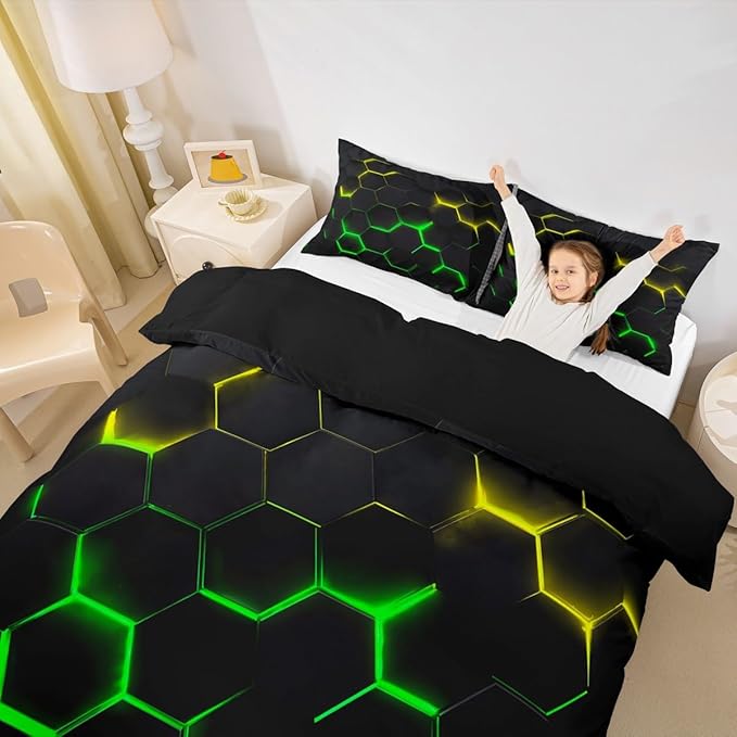 Geometric Honeycomb Bedding Duvet Cover Twin Size Hexagon Bed Cover for Kids Teen Boys Girls Bedroom Decor Yellow Neon Lights Bed Cover Creative Bedding Cover 2Pcs with 1 Pillowcase, Black