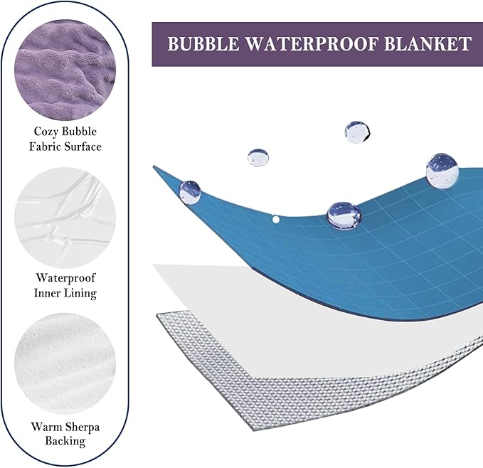 Waterproof Blanket for Bed Couch Sofa Car, Soft Leakproof Dog Blanket with 3D Bubble Pattern, Reversible Water Proof Pet Blankets for Dogs Cats Puppies (50"x60", Dusty Purple)