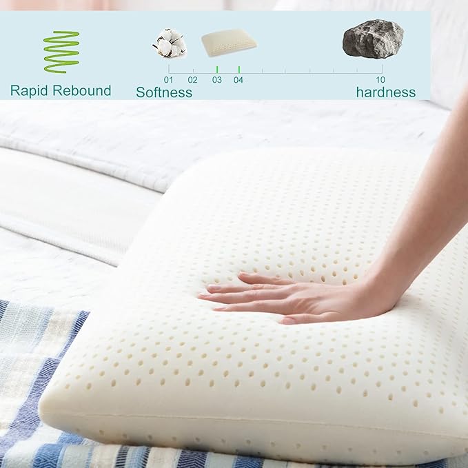 Talalay Latex Pillow, Medium Soft Latex Foam Pillow for Sleeping, Standard Size Bed Pillow for Back with Removable Cotton Inner Cover, Side and Stomach Sleepers, Helps Relieve Shoulder and Neck Pain