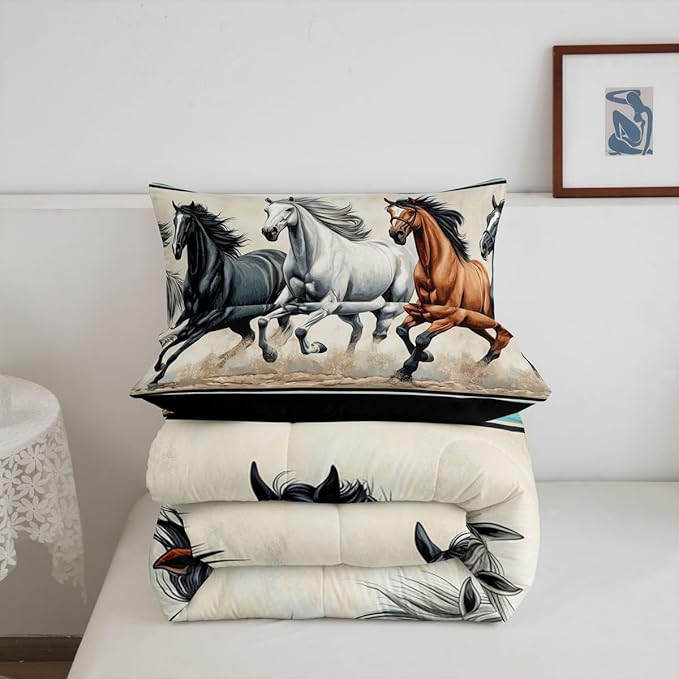 Feelyou Horse Bedding Set Queen Size Kids Bohemian Southwestern Native Aztec Comforter Cover for Boys Girls Teens Teal Beige Duvet Cover Breathable Soft Lightweight Microfiber Quilt Set
