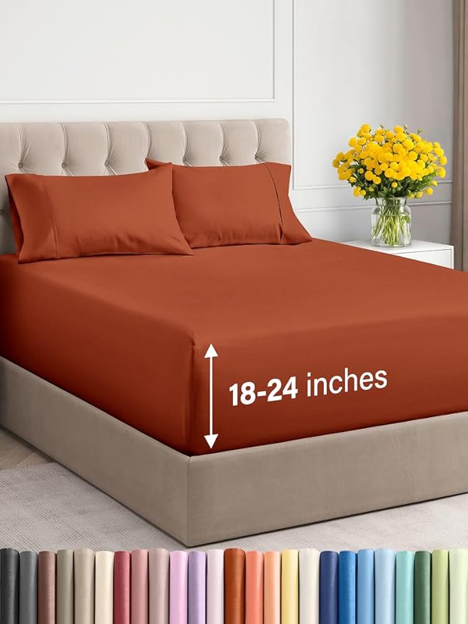 Extra Deep Twin Sheet Set - 4 Piece Breathable & Cooling Sheets - Hotel Luxury Bed Sheets Set - Easy & Secure Fit - Soft, Wrinkle Free & Comfy Sheets Set - Terracotta Sheet Set with Extra Deep Pockets