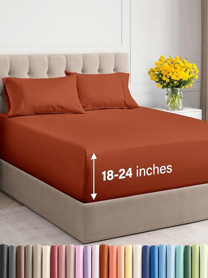 Extra Deep Twin Sheet Set - 4 Piece Breathable & Cooling Sheets - Hotel Luxury Bed Sheets Set - Easy & Secure Fit - Soft, Wrinkle Free & Comfy Sheets Set - Terracotta Sheet Set with Extra Deep Pockets
