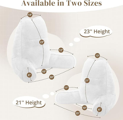 Sasttie Reading Pillow for Bed - 23 Inch, Back Pillow for Bed Sitting Up, Back-Rest Support Cushion with Side Pockets and Arms, Dorm Essentials, Oeko-Tex Certified, White