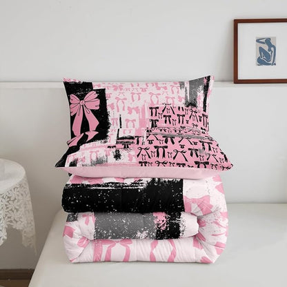 Feelyou Pink Grey Black Comforter King Size Bowknot Comforter Set for Boys Girls Children Coquette Bows Bedding Set Room Decor Watercolor Bow Duvet Set 3Pcs