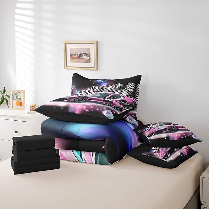 Feelyou Pink Racing Car 7 Piece Bedding Set Queen Size Extreme Sport Comforter Set with Sheets for Kids Boys Girls Teens Toddler Fast and Furious Bed in a Bag Black White Flag Bed Set