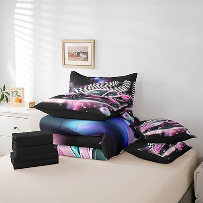 Feelyou Pink Racing Car 7 Piece Bedding Set Full Size Extreme Sport Comforter Set with Sheets for Kids Boys Girls Teens Toddler Fast and Furious Bed in a Bag Black White Flag Bed Set