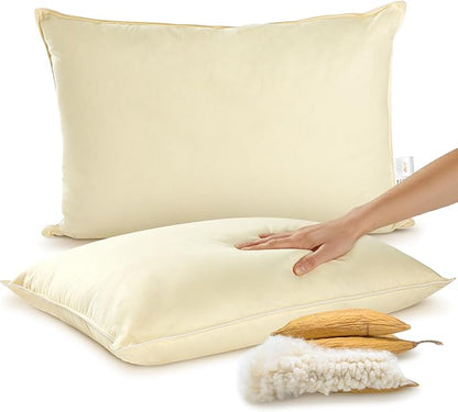 Cheer Collection Set of 2 Organic Kapok Bed Pillows, Natural Kapok Fiber Filled Sleeping Pillows with Breathable Cotton Shell, King Size, 20 x 36 inches