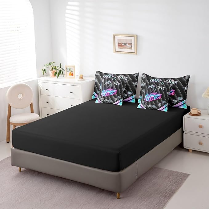 Feelyou Glitter Race Car 7 Piece Bedding Set King Size Extreme Sports Comforter Set with Sheets for Kids Teens Adult Fast and Furious Bed in a Bag Dazzling Flag Bed Set