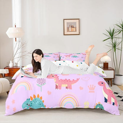 Kawaii Dino Duvet Cover Queen Size,Cute Rainbow Floral Love Heart Polyester Reversible Bedding Set (Not Comforter),Pink Blue Dinosaur Lovely Animal Comforter Cover for Bedroom, Zipper, Ties