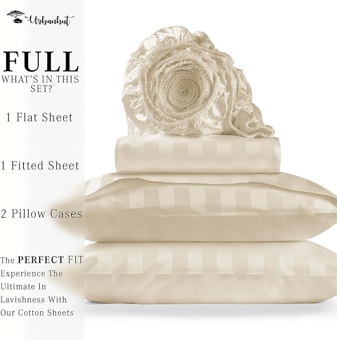 URBANHUT 1000 Thread Count Egyptian Cotton Damask Striped Full Sheets, Long Staple Soft & Breathable, 4 Pc Bed Sheet Sets, Luxury Hotel Sateen Sheets Fits 16" Deep Pocket - Ivory