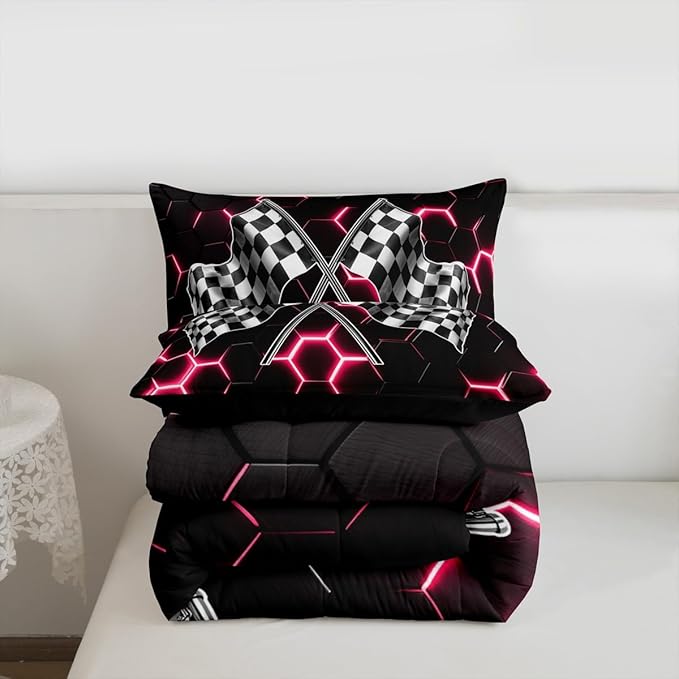 Black White Flag Geometric Comforter Set Full Size Fashion Red Neon Light Honeycomb Bedding Set for Kids Boys Teens Games Room,3D Checkered Flag Quilted Duvet Race Sports Gaming Duvet Insert 3pcs