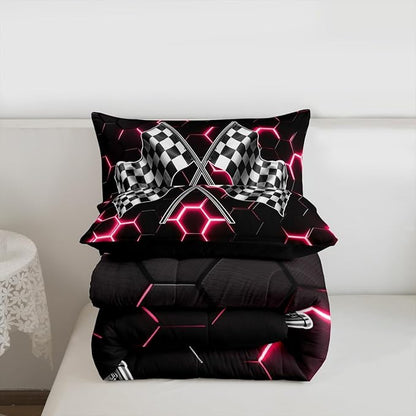 Black White Flag Geometric Comforter Set King Size Fashion Red Neon Light Honeycomb Bedding Set for Kids Boys Teens Games Room,3D Checkered Flag Quilted Duvet Race Sports Gaming Duvet Insert 3pcs