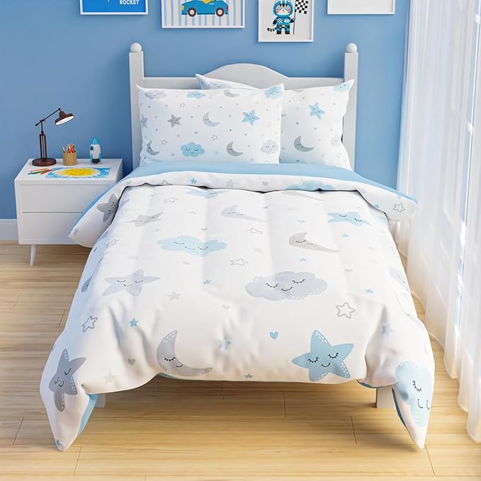 Star and Moon Comforter Set Full Size 98x86in for Kids Boys Girls Unisex, Microfiber Bedding Set 4 Pcs Includes 1 Comforter, 2 Pillowcases, 1 Fitted Sheet, Nursery Room Decor Christmas Birthday