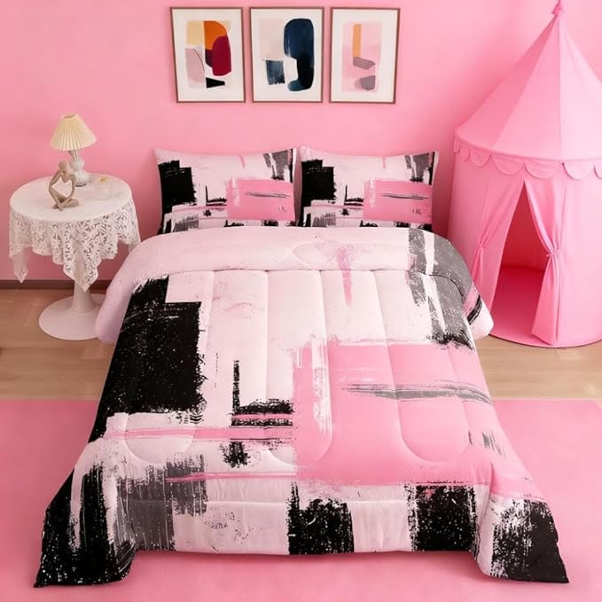 Feelyou Abstract Comforter Modern Abstract Art Comforter Set for Boys Girls Children Pink Black Pattern Bedding Set Room Decor King Size Duvet Set 3Pcs