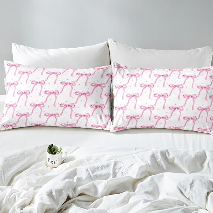 Cartoon Bowknot Girls Duvet Cover Set Queen Size Kids Bow Tie Princess Bedding Sets 3Pcs for Child Girly Woman Room Decor, Butterfly Knot Comforter Cover with 2 Pillowcases (No Comforter) Pink