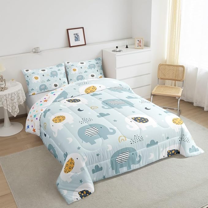 Feelyou Cartoon Elephant Bedding Set for Boys Girls King, Kids Zoo Animal Comforter Set Rainbow Elephant Comforter Wildlife Duvet Set 3Pcs