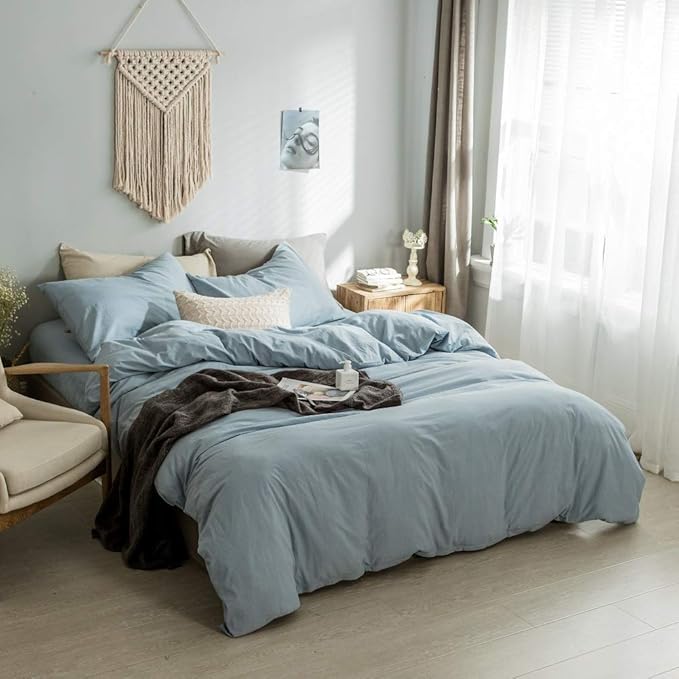 Light Blue Duvet Cover Queen, 100% Washed Cotton Linen Like Textured Solid Casual Modern Style Blue Bedding Set, with Zipper Closure, Luxury Soft Relaxed Feel Natural Wrinkled Comfy (3pcs, Queen)