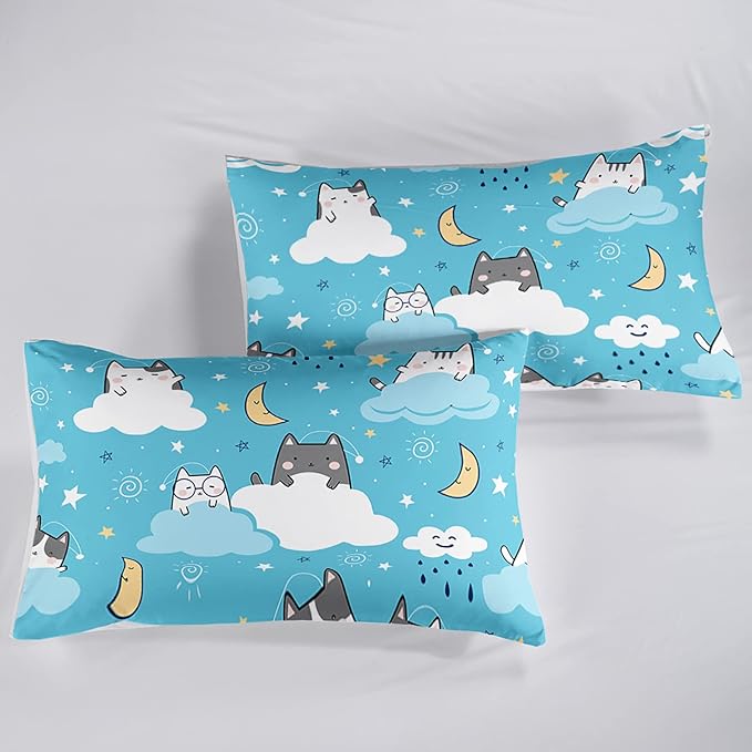 QOOMO Cat Comforter Twin Size, Blue Cloud Cats Comforter Set for Kids Teens Girls Boys, 3Pcs Bedding Set Printed Comforter with 2 Pillowcases, Down Alternative, Soft and Lightweight