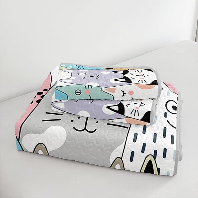 HOSIMA Cute Cat Queen Quilt Set for Teenage Girl Room Decor,Cartoon Colorful Pet Print Cat Quilt,Kawaii Bedding for Kids,Lightweight Aesthetic Animal Bedding with 2 Pillowcases.