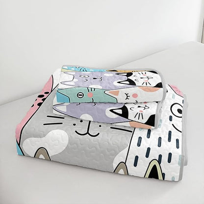 HOSIMA Cute Cat King Size Quilt for Teenage Girl Room Decor,Cartoon Colorful Pet Print Cat Quilt,Kawaii Bedding for Kids,Lightweight Aesthetic Animal Bedding with 2 Pillowcases.