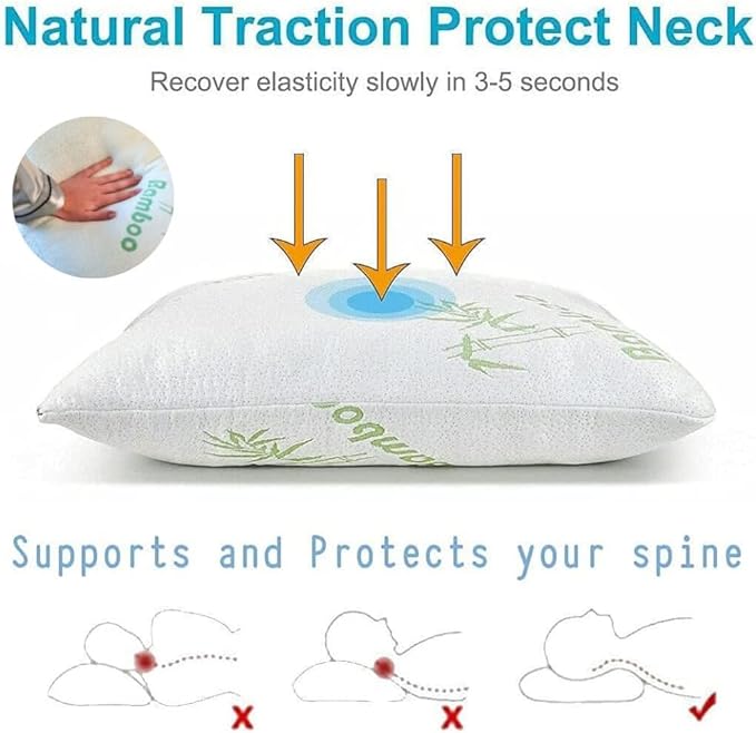 Rayon Derived from Bamboo Pillows Standard Size Set of 2 - Adjustable Shredded Memory Foam for Sleeping - Cooling & Breathable Pillowcase with Zipper - Back, Stomach, Side Sleeper 26x20 Inch