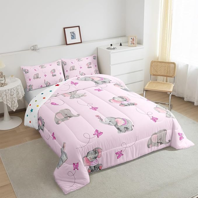 Lovely Elephant Kids Comforter Set Queen Size,Purple Butterfly Cartoon Wildlife Reversible Bedding Set for Adult,Watercolor Grey Pink Animal Luxury Bed Duvet Insert,2 Pillowcases