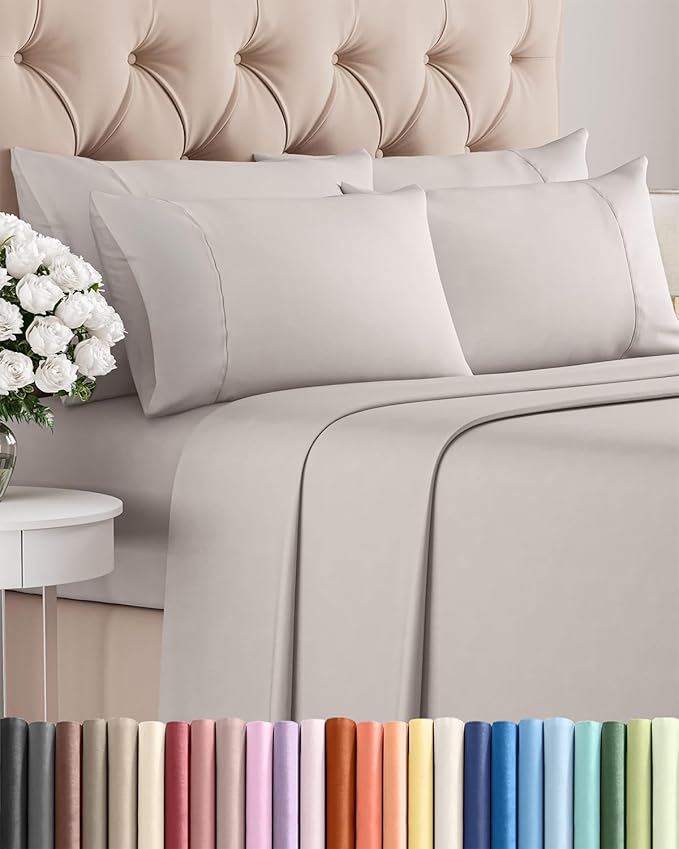 Cal King 6 Piece Sheet Set - Comfy Breathable & Cooling - Soft Hotel Luxury Bedding Set with 8-16 Inch Deep Pockets - 1 Flat & 1 Fitted Sheet & 4 Pillowcases - Wrinkle Free & Easy Care - Light Grey