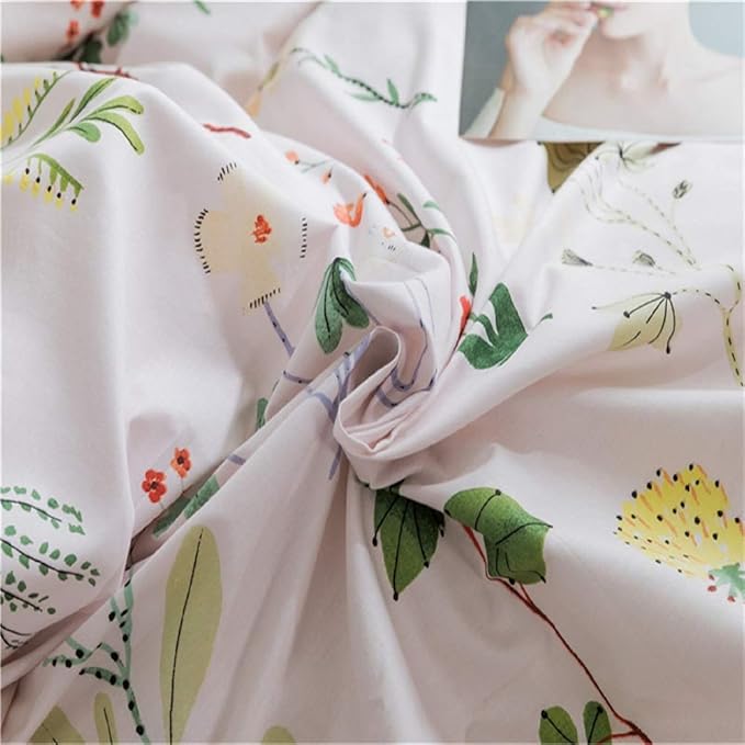 Floral Duvet Cover Queen 100% Soft Cotton 3 Pieces Queen Botanical Bedding Set Reversible Floral Themed Blossom Fresh Plant Duvet Cover, with Zipper Closure, Breathable (No Comforter)