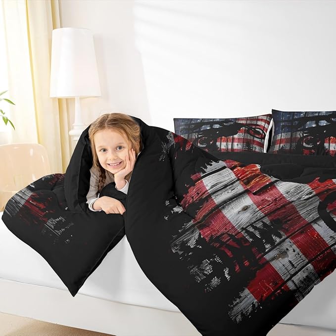 American Flag Comforter Set Queen Size Boys Dirt Bike Racing Motocross Rider Bedding Set Kids Teens Men Rustic Farmhouse Wooden Quilt Set Retro Black Pine Tree Silhouette Duvet Insert 3pcs