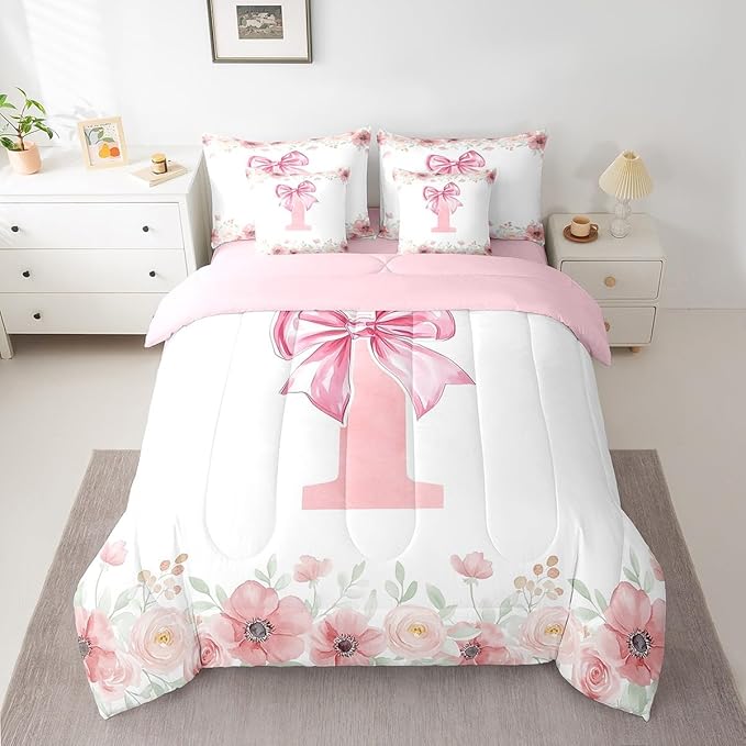 Erosebridal Initial Letter I Bed in A Bag for Girls Kids Young Woman, Cute Pink Bow Tie Bowknot Bedding Sets Flower Floral Dreamy Princess Style Comforter Set with Sheets Twin Size 7 Pieces