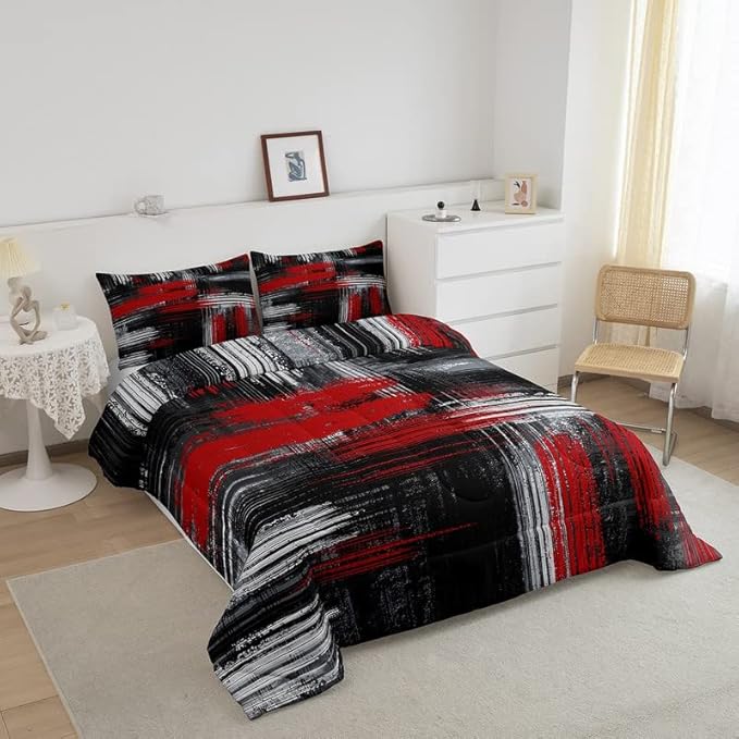 Feelyou Red Black and Grey Comforter Geometric Artistic Smear Comforter Set Abstract Graffiti Art Bedding Set Contemporary Modern Brush Design Duvet Set Room Decor Quilt Set King Size