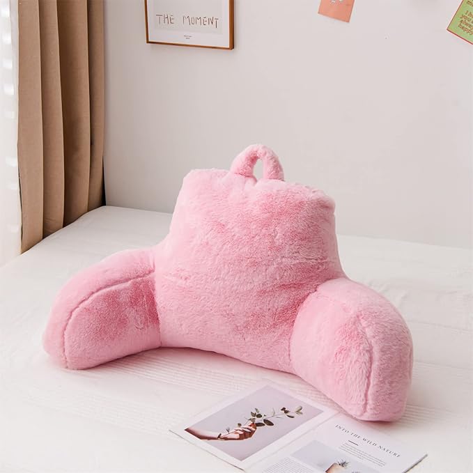 Aimuan Reading Pillow Bed Rest Pillow with Arms Rabbit Fur Cushion for Adults Teens Incline Rest Sitting up & Sleeping Snoring Pillow with Pregnancy Lumbar Back Support (Standard, Pink)