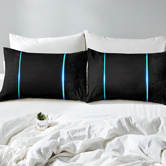 Castle Fairy Honeycomb Bedding Set King Size for Woman Men,Neon Hexagon Blue Lines Geometric Comforter Cover with 2 Pillowcases,Modern Abstract Art Black Duvet Cover Set Microfiber Quilt Cover